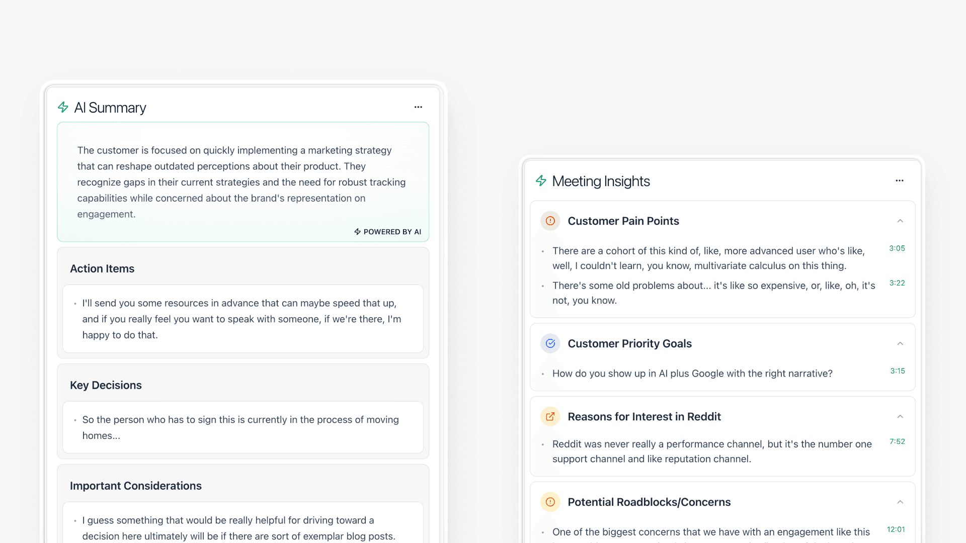 Internal tools interface showing AI summary and meeting insights panels.