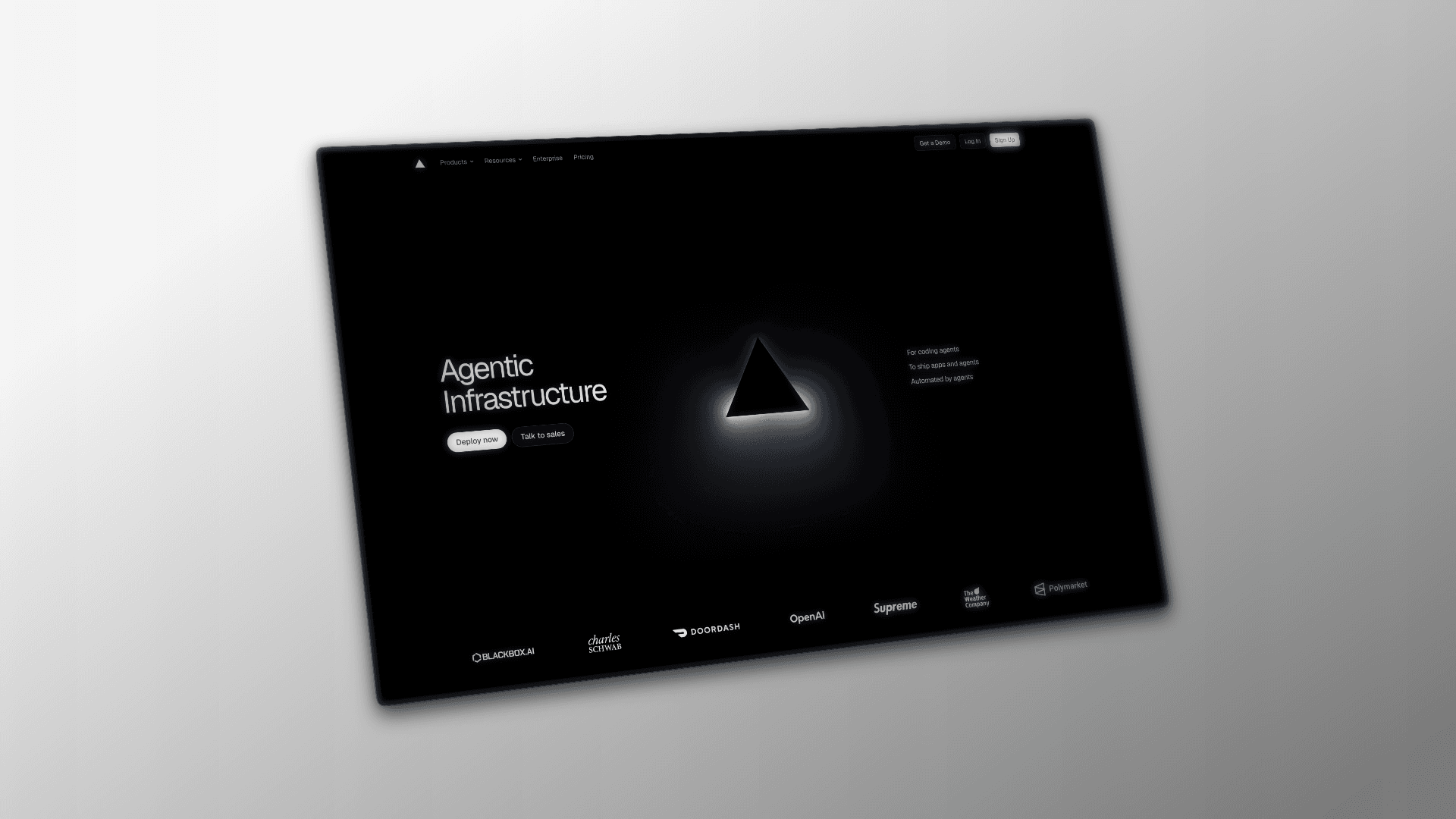 Agentic infrastructure concept with a glowing triangular mark on a dark interface.